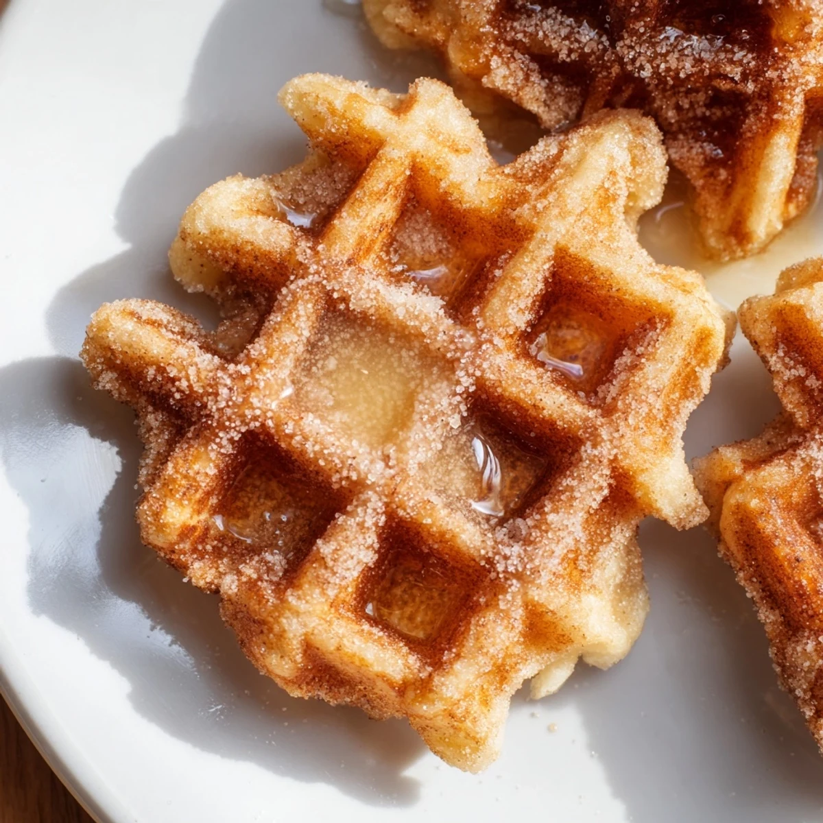 Warm, golden Express Cinnamon Sugar Churro Waffles, dusted with cinnamon sugar and ready to eat.