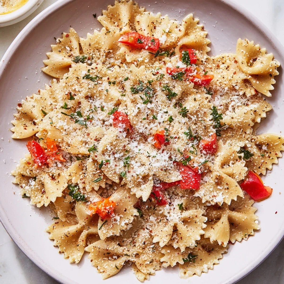 Close-up of baked Lightened Christmas Pasta Chips, seasoned with spices and ready to be enjoyed as a snack.