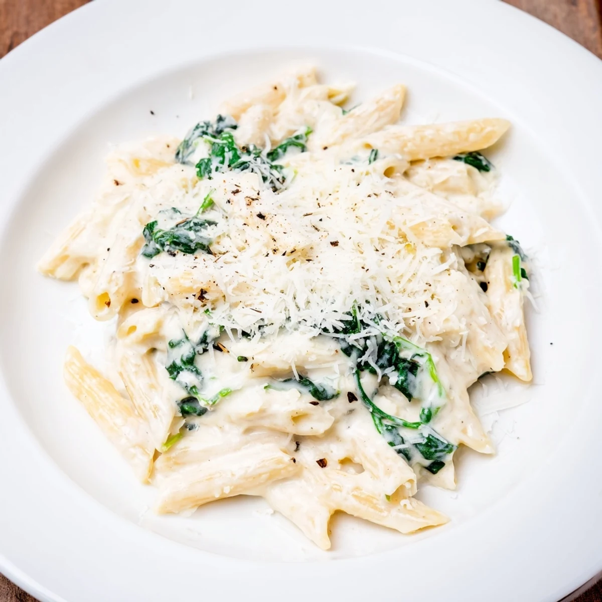 Imagine a bowl of Cottage Cheese Creamy Spinach Pasta: a comforting vegetarian meal, garnished with parmesan.