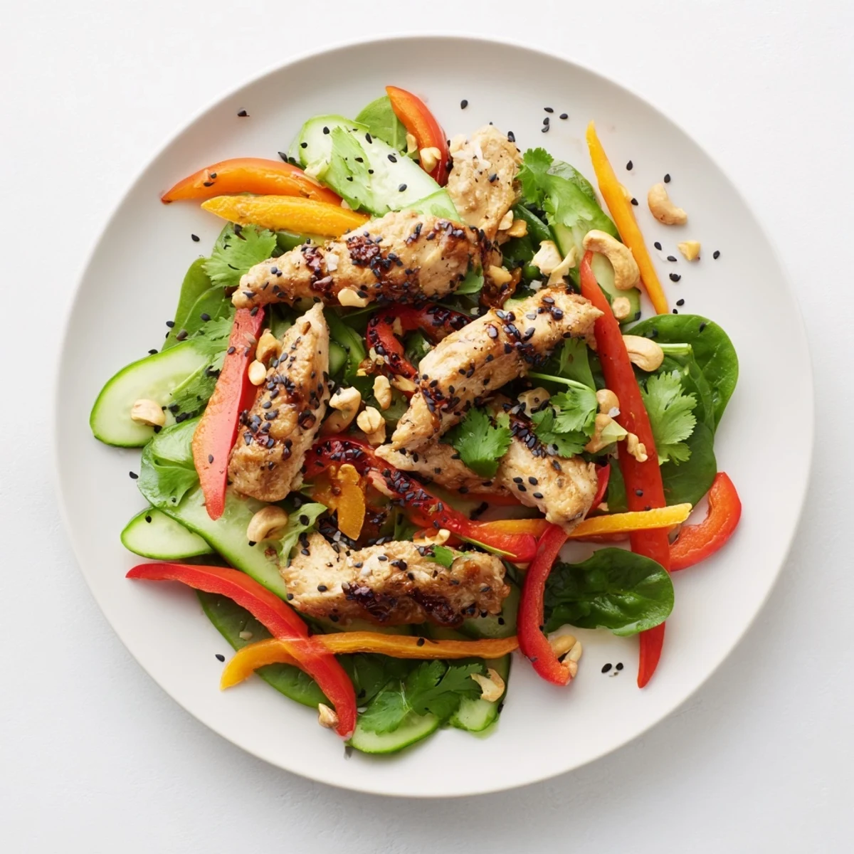 High-Protein Chicken Stir-Fry Salad Bowl with colorful stir-fried vegetables and a sesame-ginger dressing.