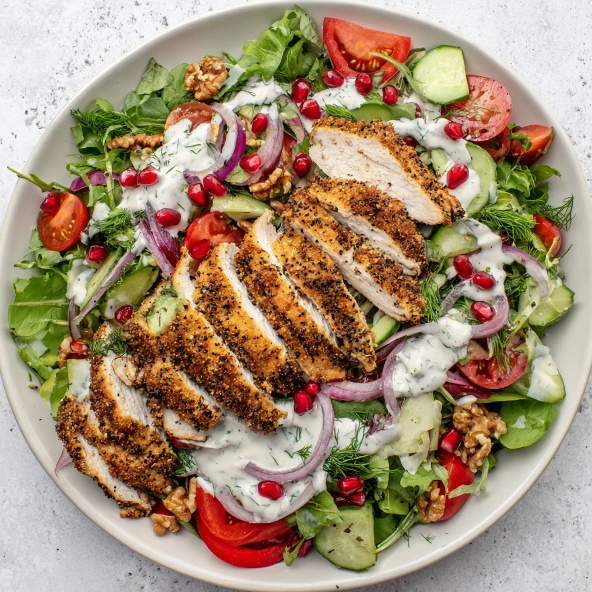 Holiday Black Pepper Chicken & Yogurt Salad: Grilled chicken strips atop fresh salad, drizzled with creamy yogurt dressing.