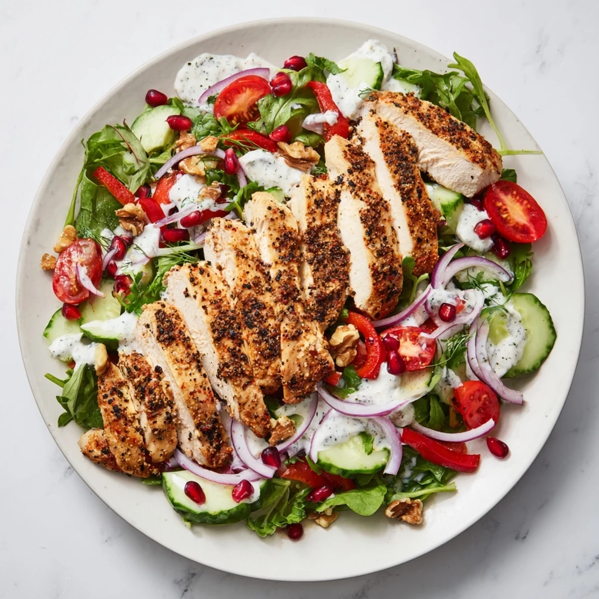 Vibrant Holiday Black Pepper Chicken & Yogurt Salad with juicy tomatoes, cucumbers, and a zesty yogurt sauce.