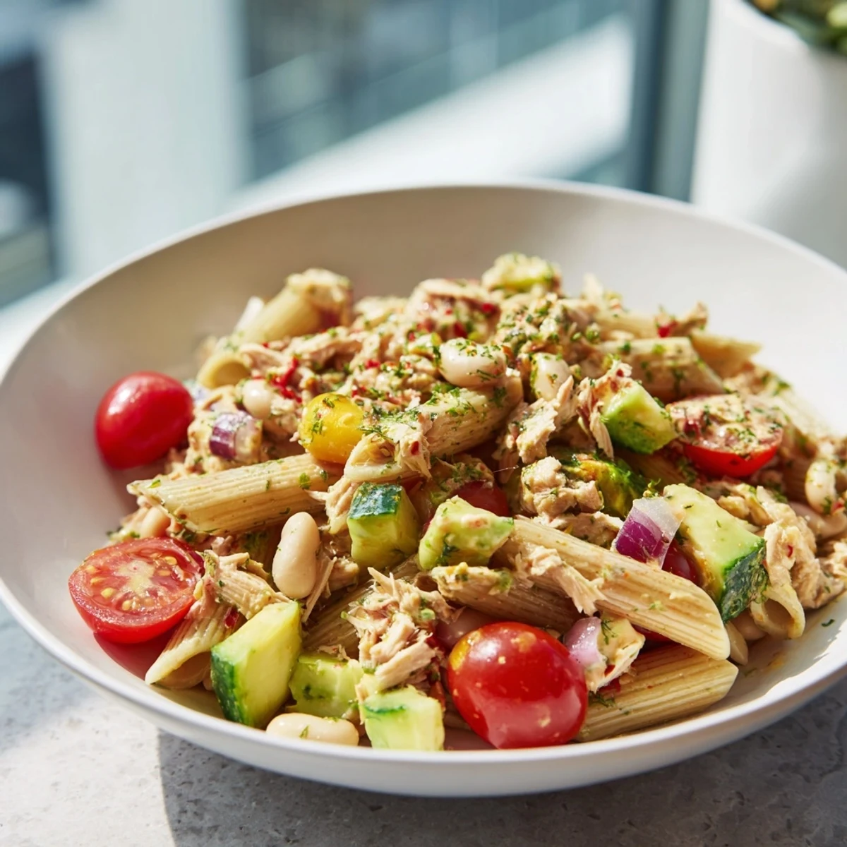 A close-up view of Spicy Tuna and White Bean Pasta Salad, perfect for a Mediterranean lunch.