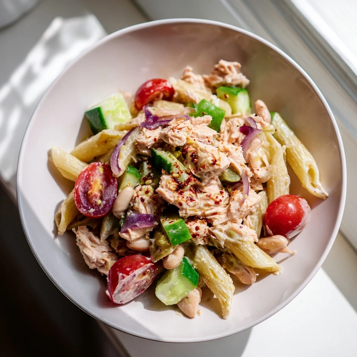 Flaky tuna and creamy white beans star in this vibrant Spicy Tuna Pasta Salad.