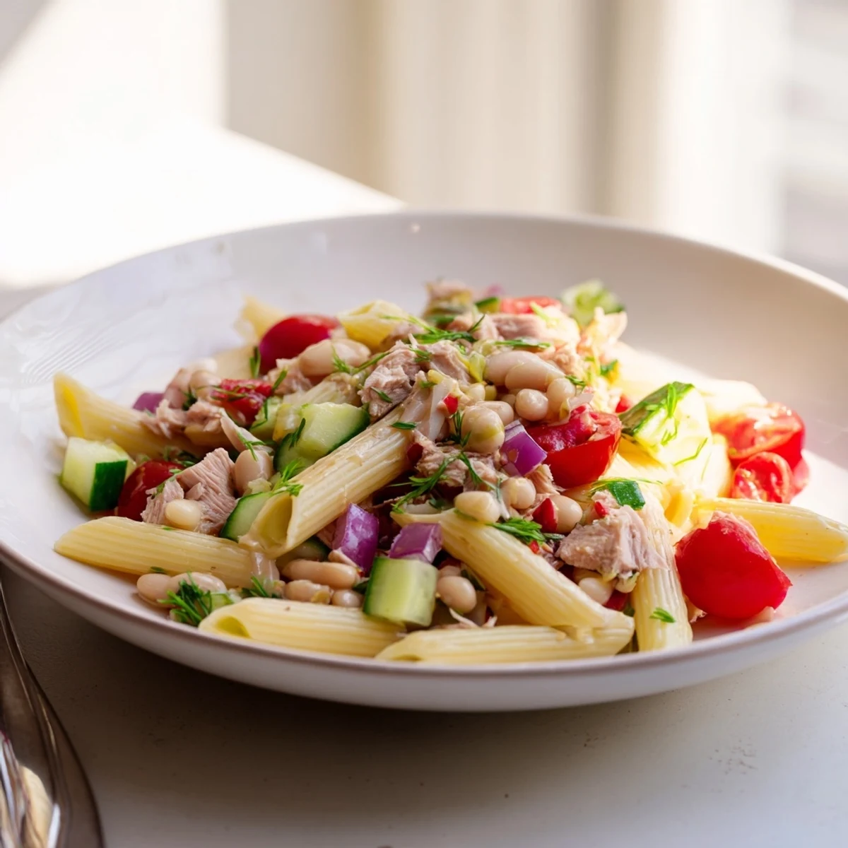 Delicious Spicy Tuna and White Bean Pasta Salad brimming with fresh veggies and a zesty dressing.