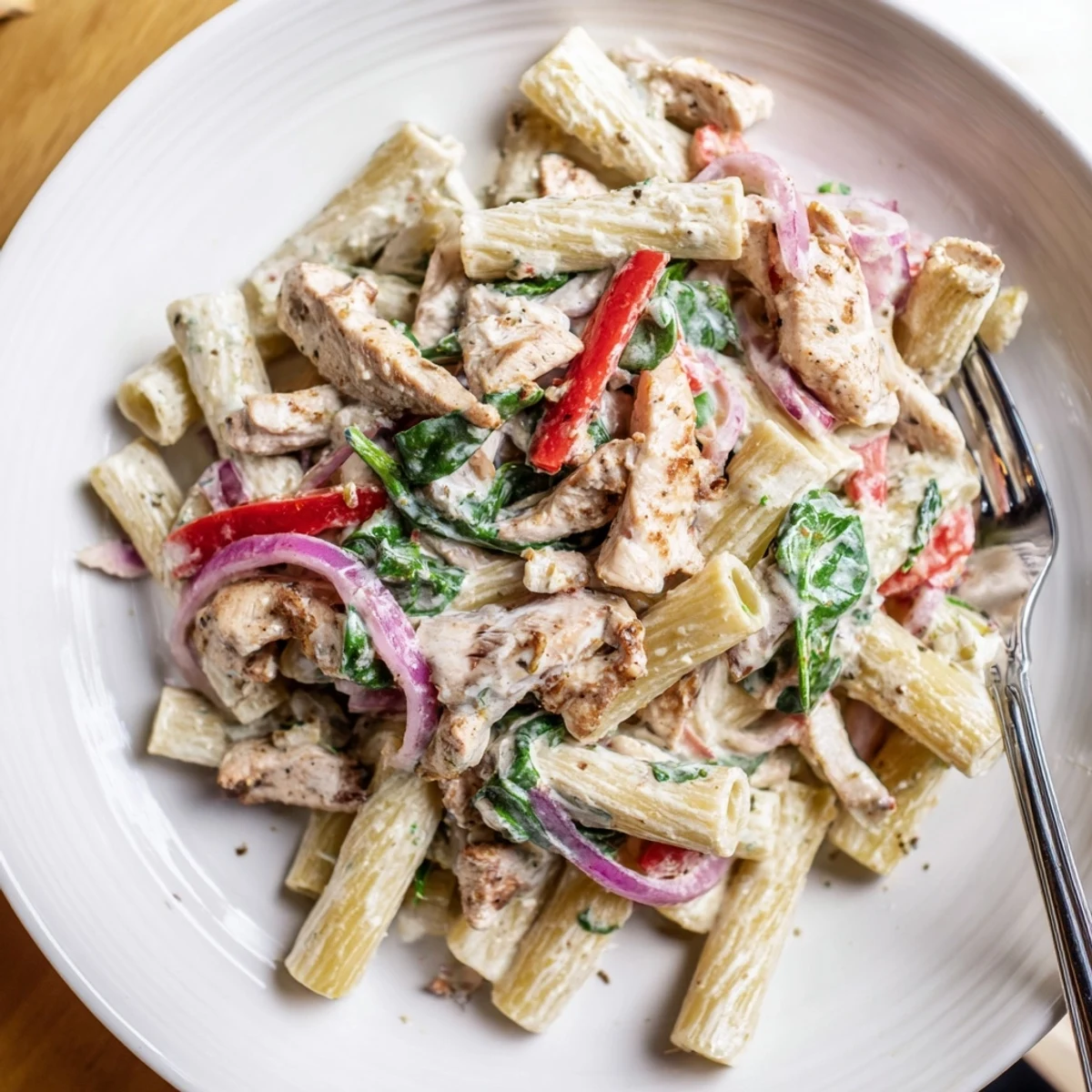 A creamy bowl of Creamy Cajun Dirty Snow Chicken Pasta, ready for a delicious dinner.