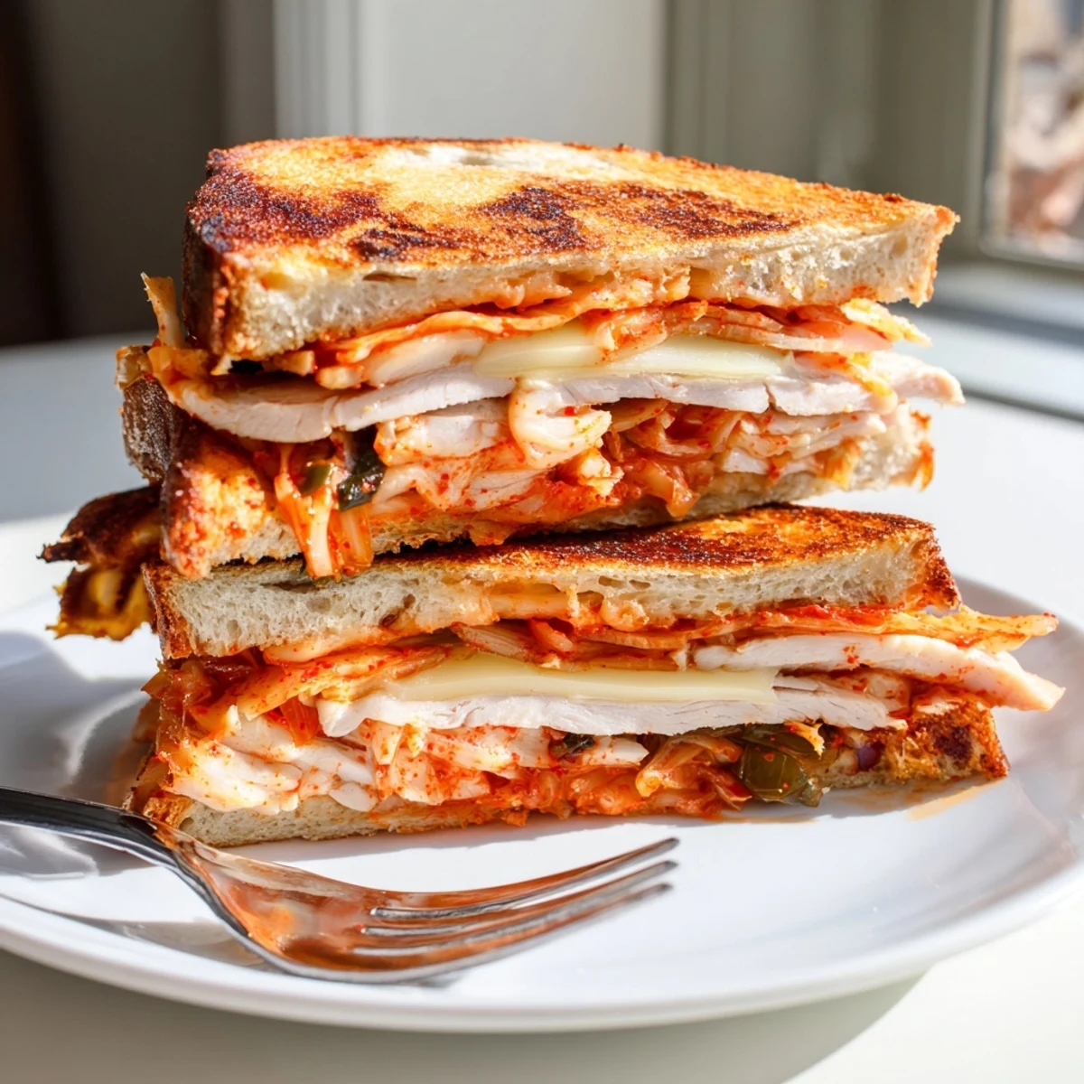 Warm, melted cheese oozes from a delicious Kimchi Turkey & Cheddar Toasted Grilled Cheese sandwich, a satisfying meal.