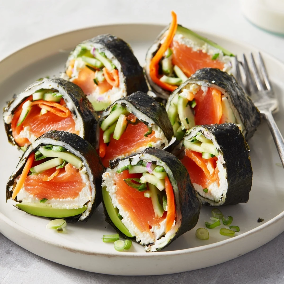 Vibrant High-Protein Sushi Wrap Smoked Salmon Holiday Roll, featuring fresh salmon and colorful veggies, ready to enjoy.