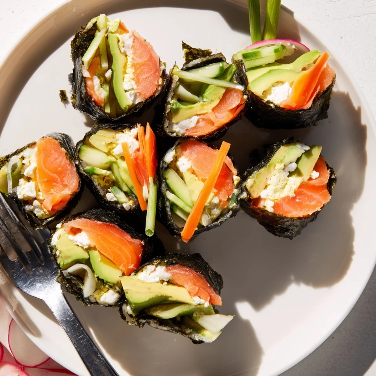 Beautifully arranged High-Protein Sushi Wrap Smoked Salmon Holiday Roll, perfect for a healthy and festive appetizer.