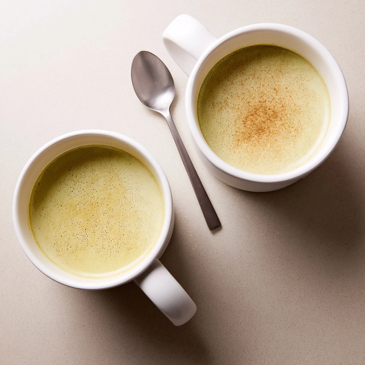Warm cinnamon-infused oat milk poured over vibrant green matcha in a delicious homemade matcha latte.