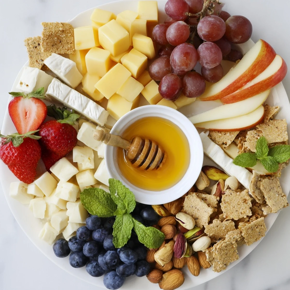 A vibrant photo of a Bears Honey Pot Board, brimming with fresh fruits, cheese, and golden honey.