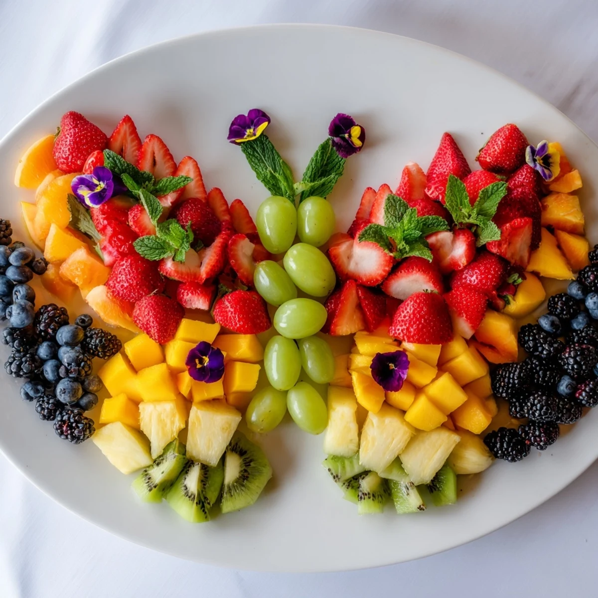 Vibrant image of a Butterfly Bloom Fruit Board featuring strawberries, grapes, and tropical fruits.