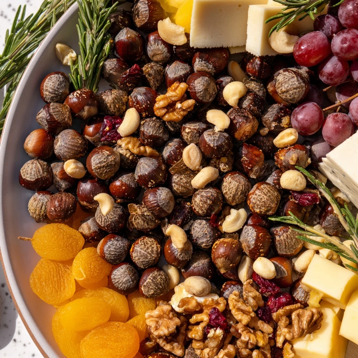 Golden roasted acorns and vibrant fruits star in this delicious Squirrels Acorn Hoard Platter appetizer.
