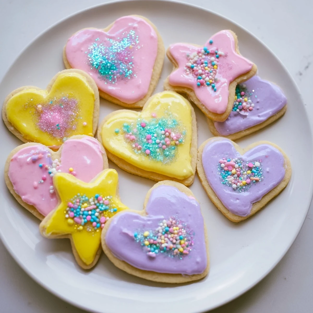 Buttery, heart-shaped Princess Palace treats with glistening royal icing and sparkly sprinkles, delicious!
