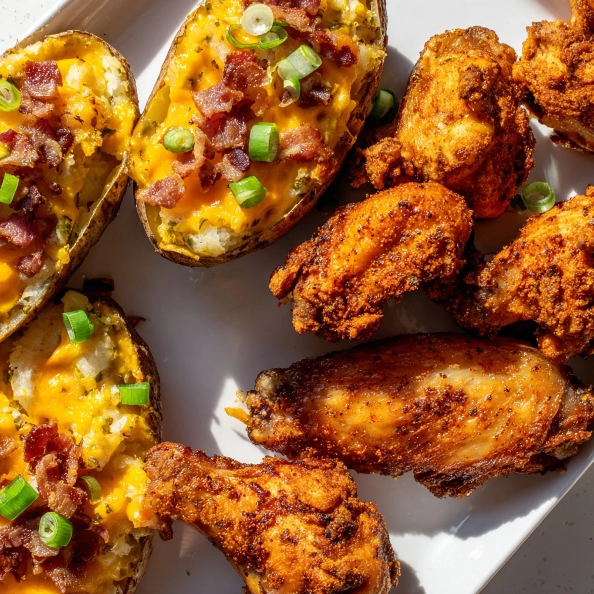 A delicious Touchdown Football Tailgate Spread with crispy wings, loaded potato skins, and fresh vegetables for dipping.