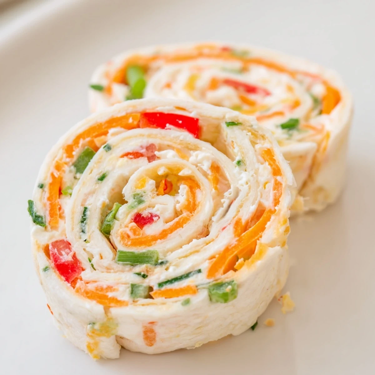 Close-up of vibrant Cozy Scarf Holiday Pinwheel Wraps, layered with colorful veggies for appetizer enjoyment.
