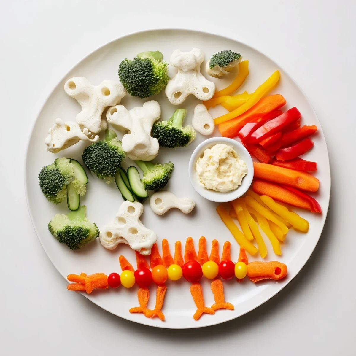 Vibrant Dino-Mite Dinosaur Fossil Crudités platter arranged with colorful vegetable "bones" and tempting hummus dip.