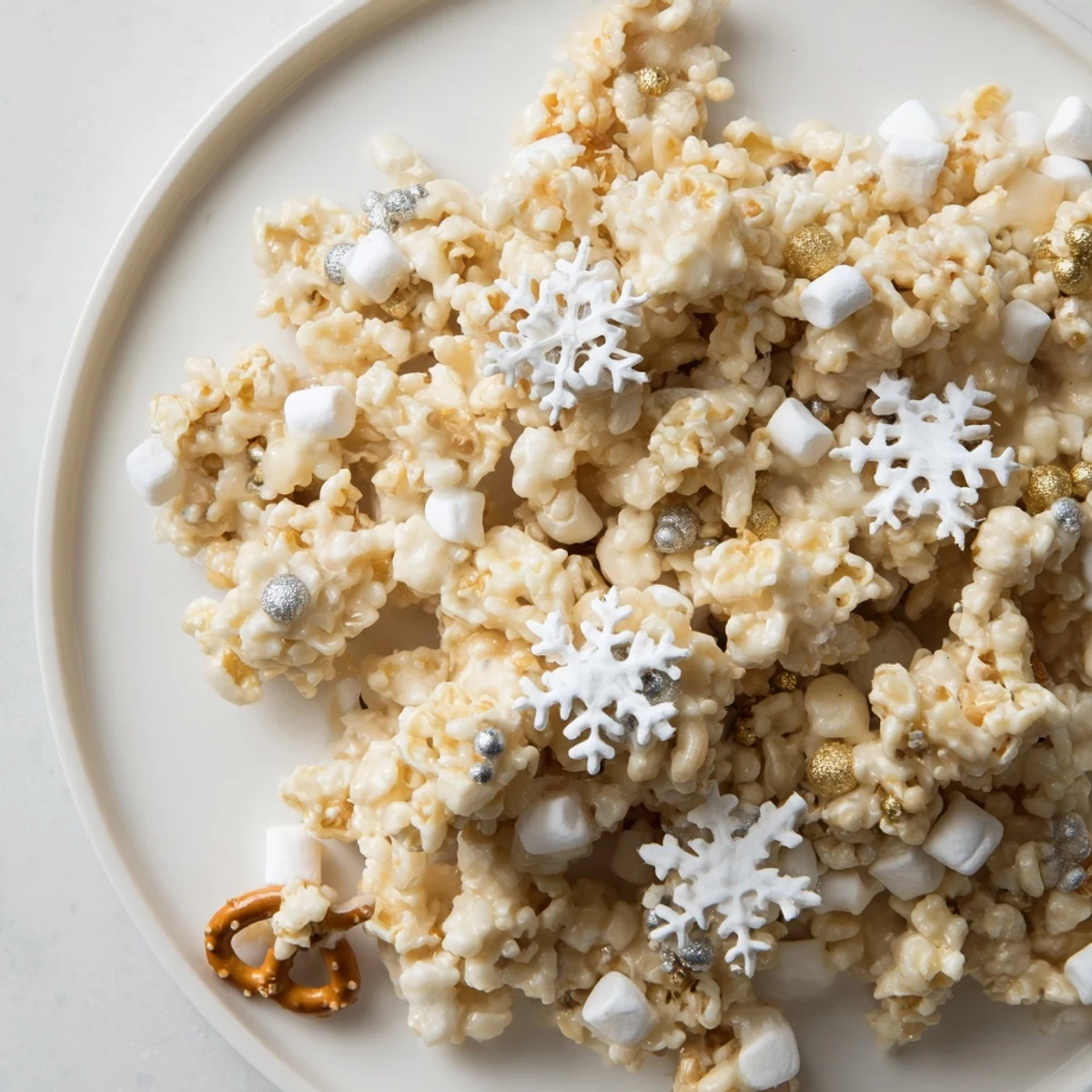 A festive bowl of Ski Season Snowflake Snack Mix, ready to be enjoyed with hot cocoa.