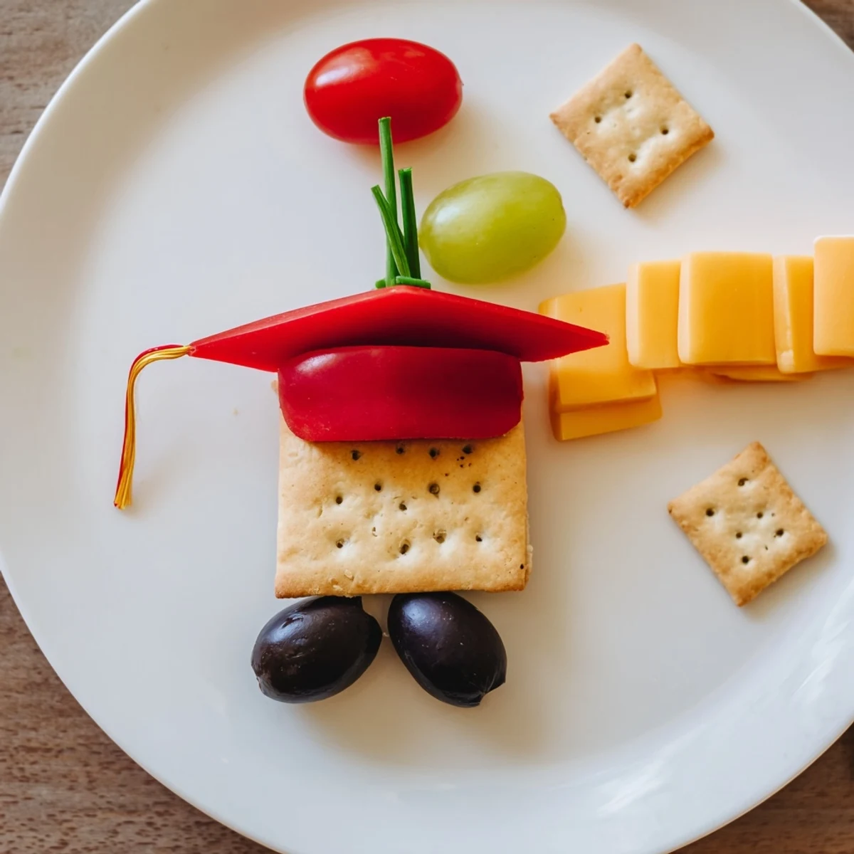 Graduation Cap Platter: A vibrant display with crackers, cheese, and fresh veggies to celebrate.