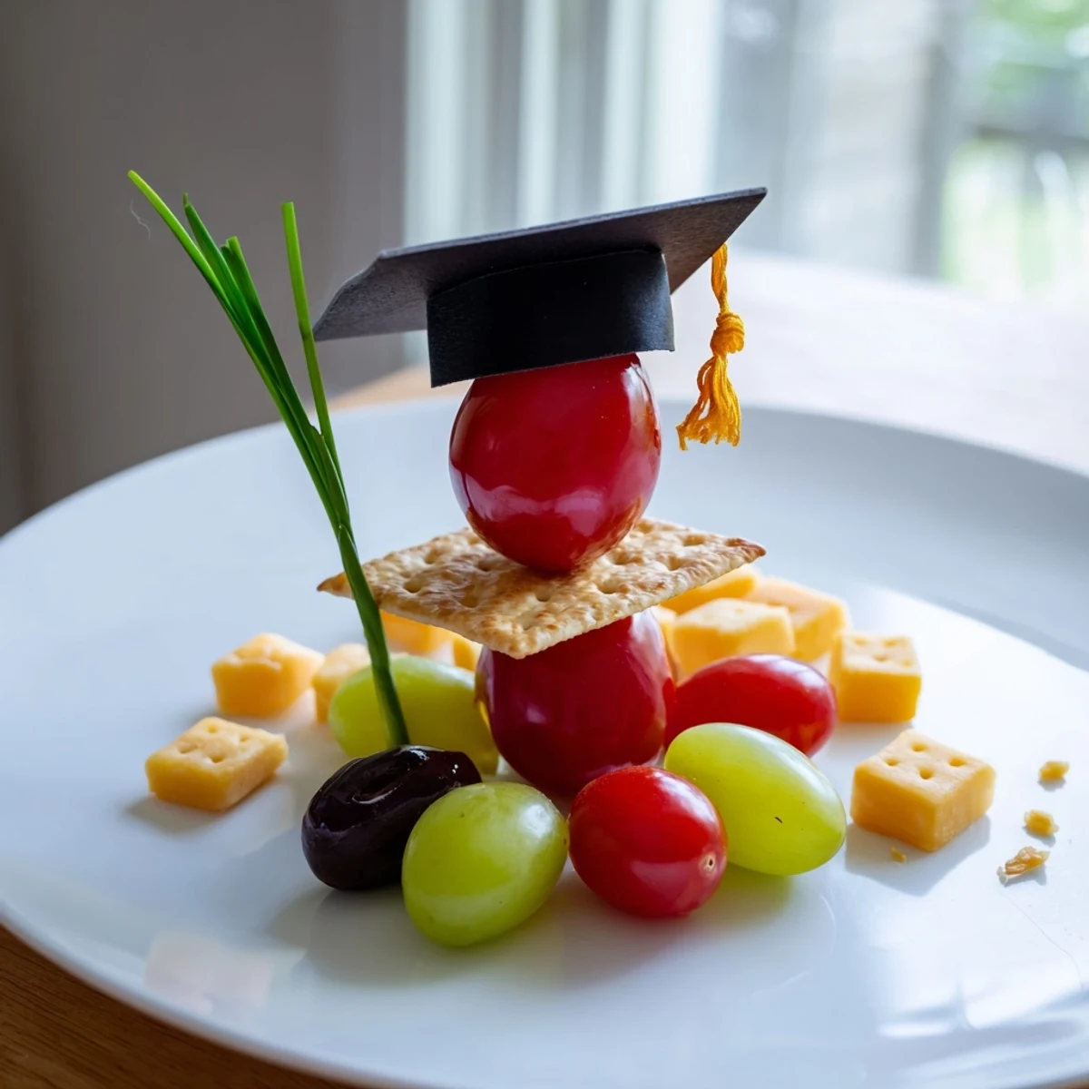 Festive Graduation Cap Platter, garnished with olives and grapes, ready for a graduation party.