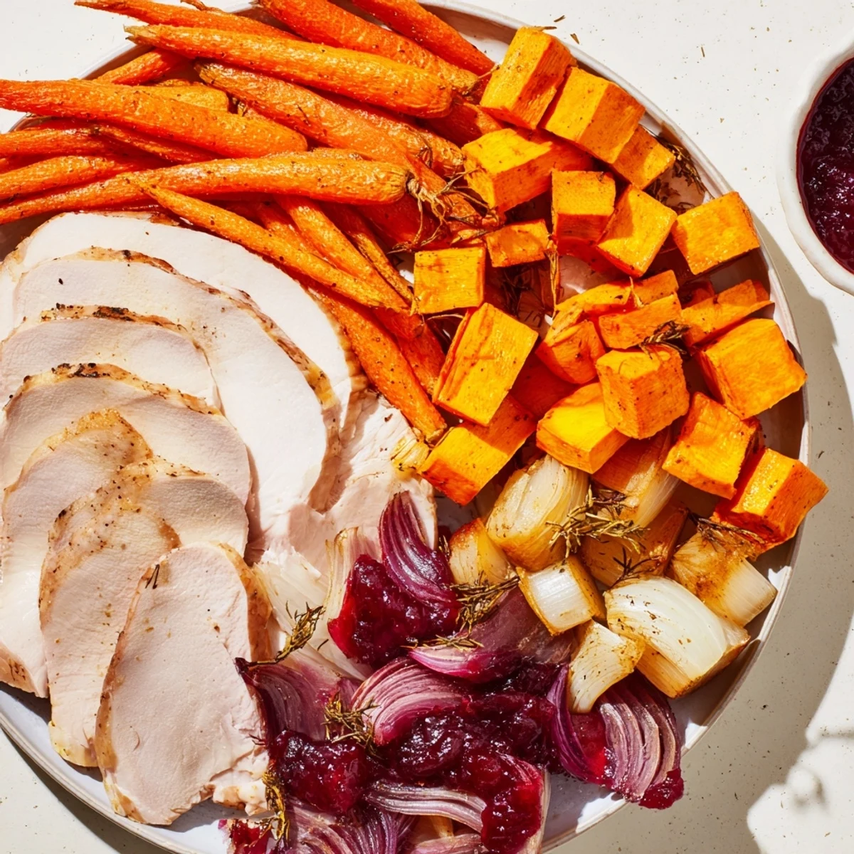 Close-up of a bountiful Harvest Turkey Platter: The turkey, surrounded by colorful roasted vegetables.