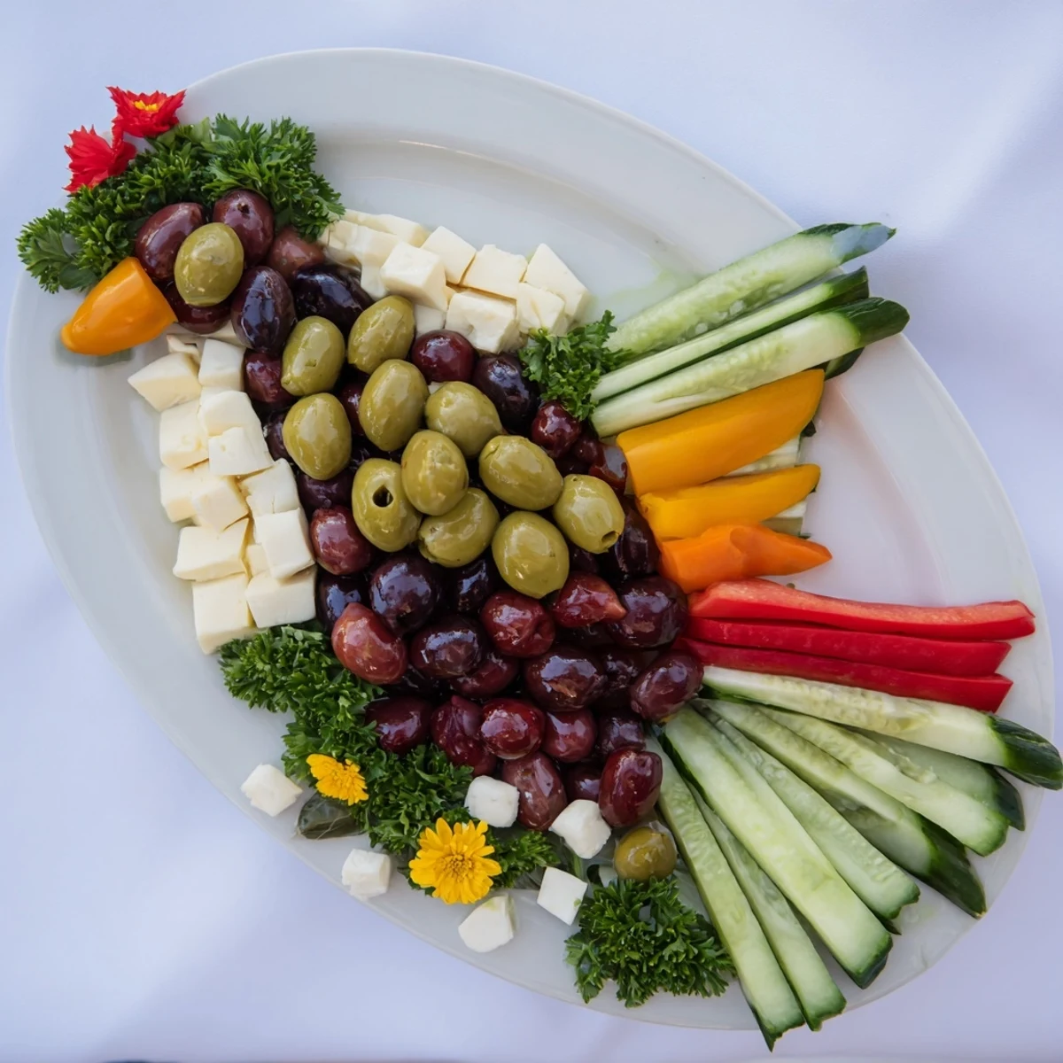 Vibrant Colombe de la Paix Olive Platter: a delicious Mediterranean appetizer with colorful olives and cheeses.