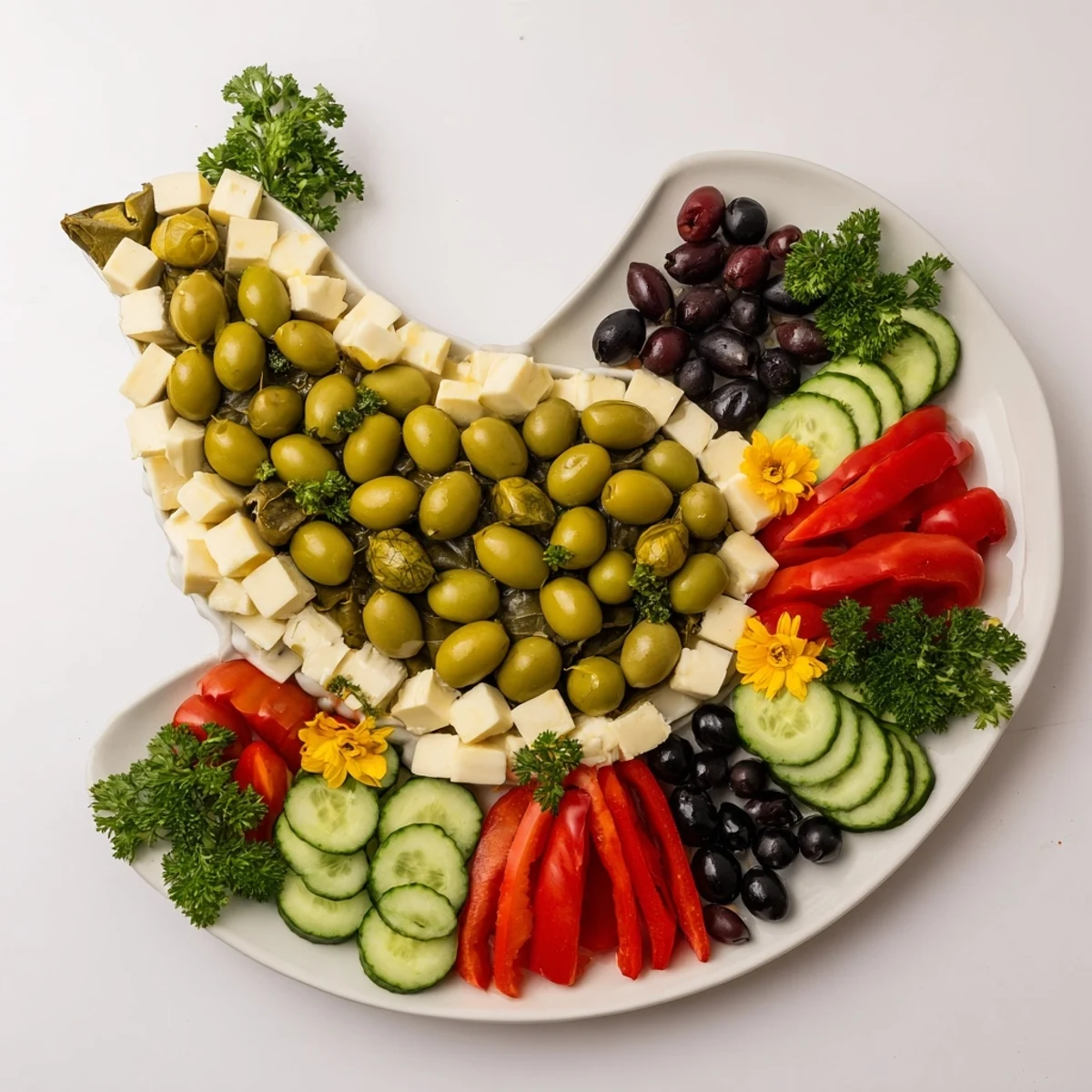 Artfully arranged Colombe de la Paix Olive Platter, with Kalamata and green olives, perfect for sharing and dipping.