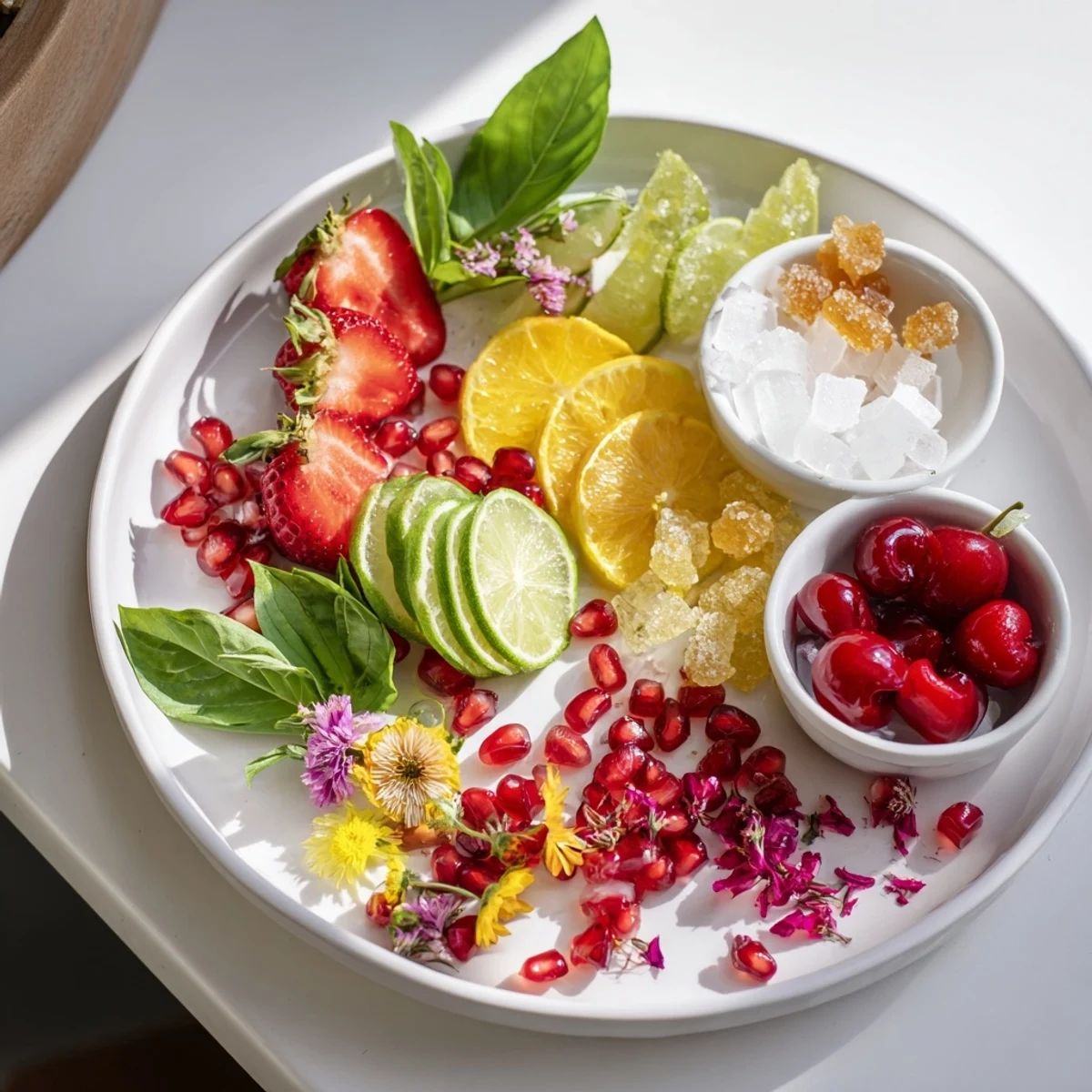 Festive Champagne Bar Garnishes: a colorful display of fresh fruits, herbs, and sugar cubes.