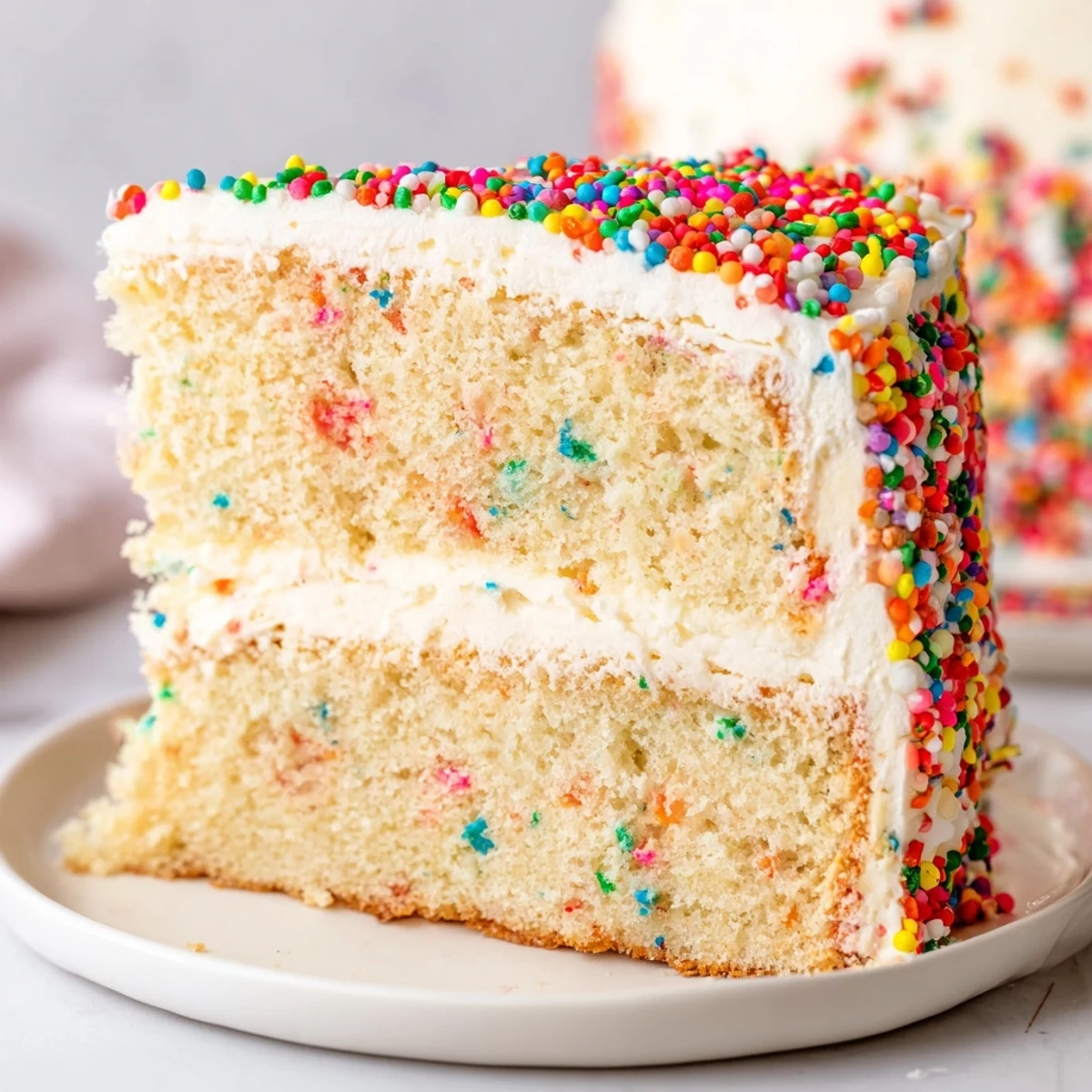 Moist Happy Birthday Cake slice, layered with luscious buttercream, ready for a delicious bite.