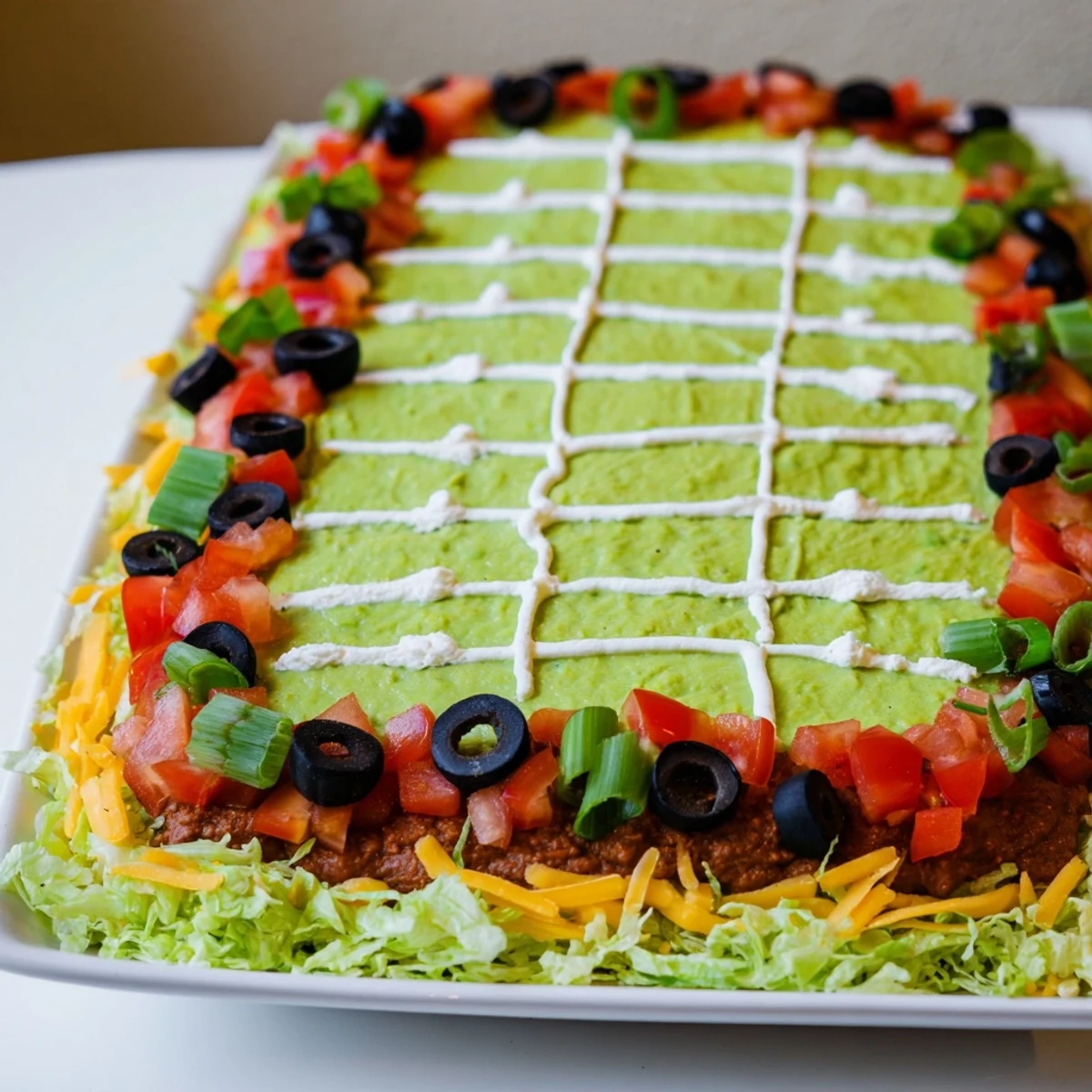This vibrant Football Field Dip Platter features fresh green guacamole "field" and colorful toppings ready to enjoy.