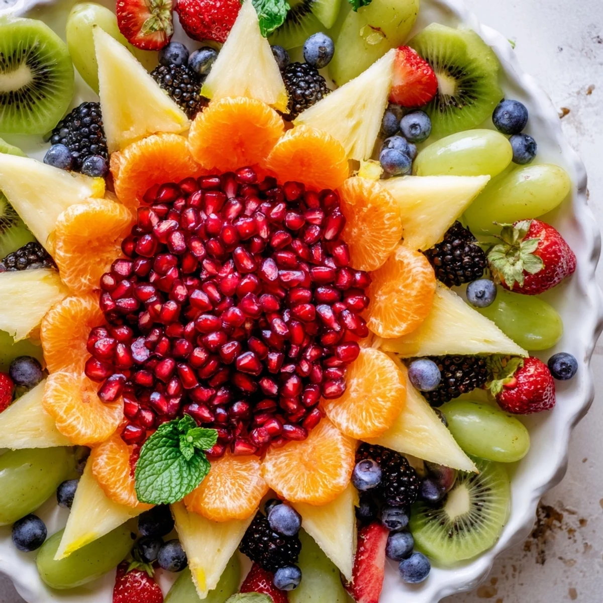 A starburst platter with vibrant pomegranate seeds and fresh fruits, perfect for a refreshing snack.