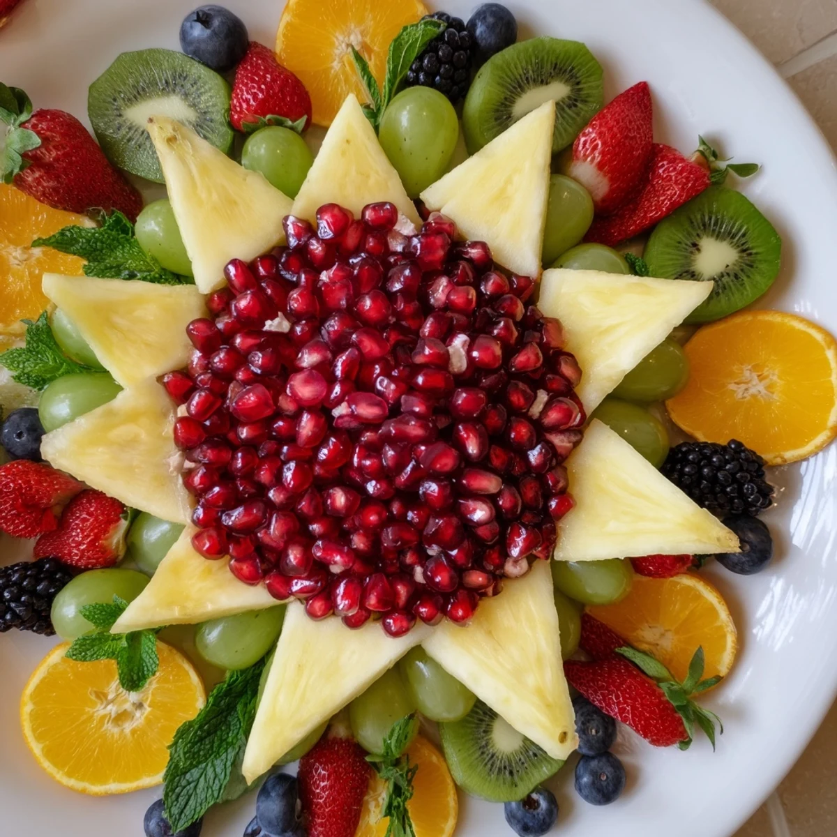 Beautifully arranged Pomegranate Starburst Platter, bursting with color, offering a mix of juicy fruits.