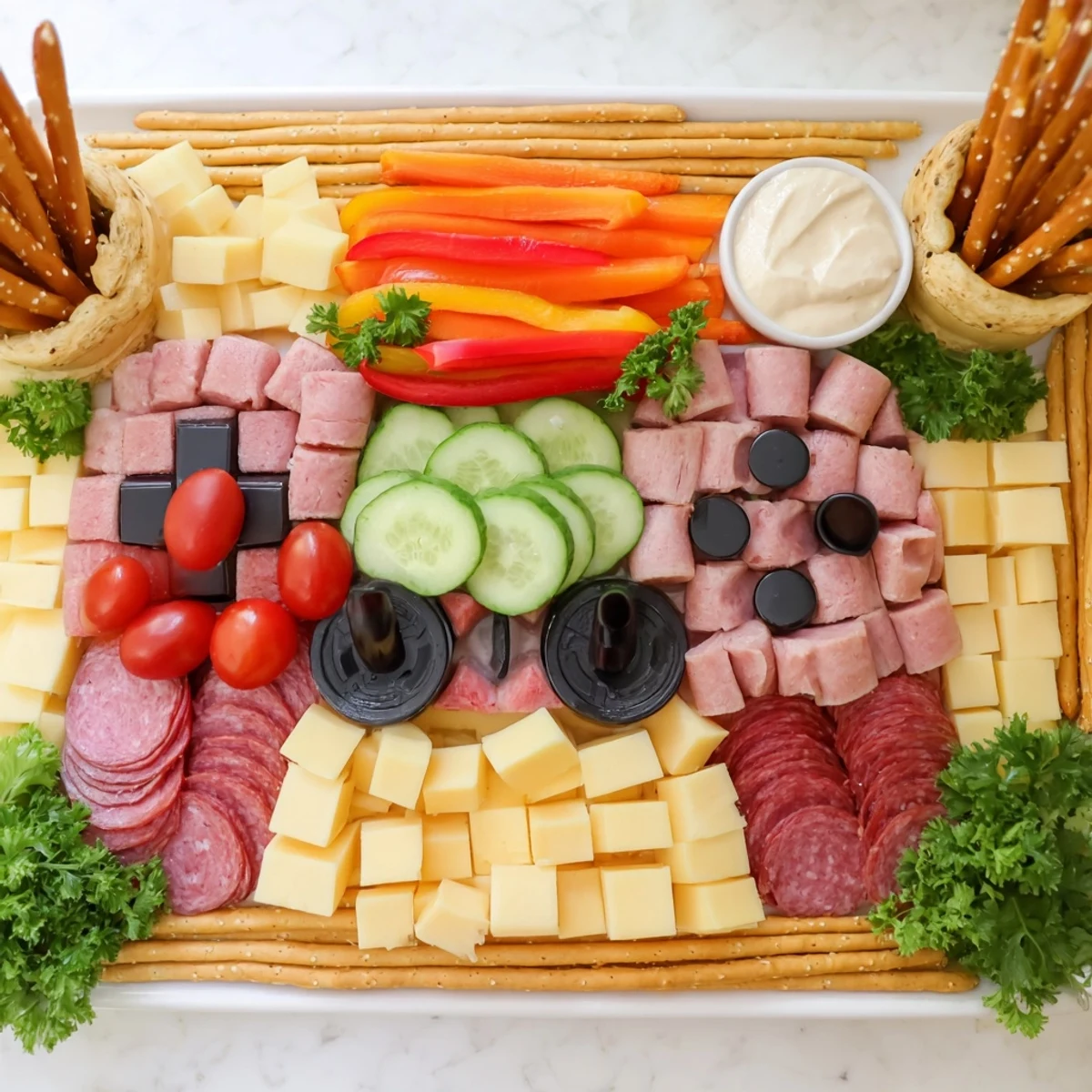A delicious game night controller snack platter, overflowing with cheese, meat, and veggie treats.