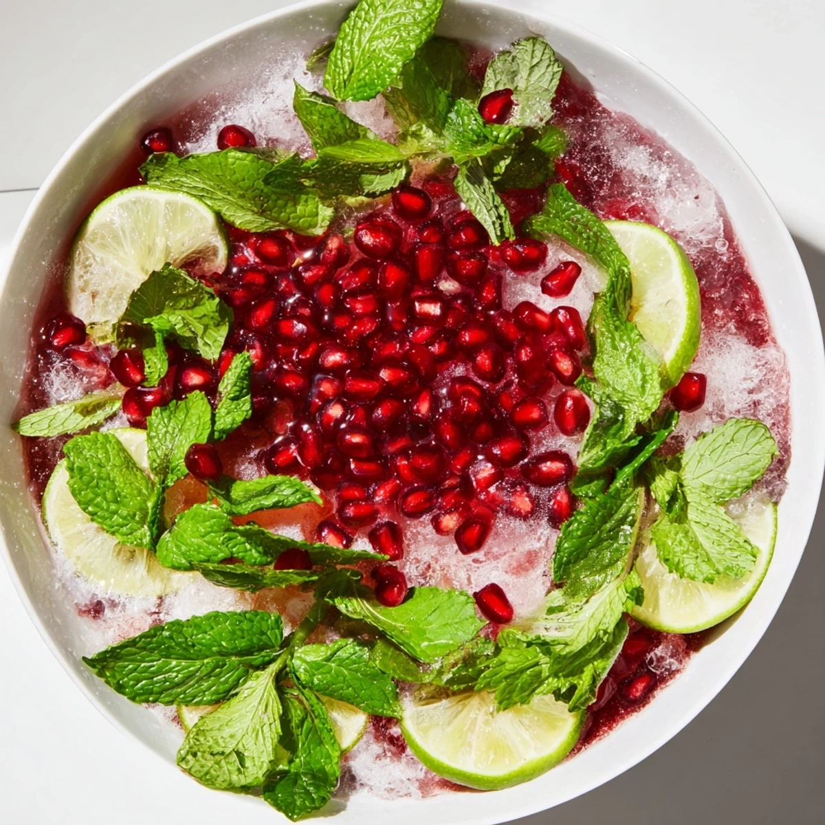 Vibrant Pomegranate and Mint Wreath drink: crystal glasses brimming with festive garnishes and crushed ice.