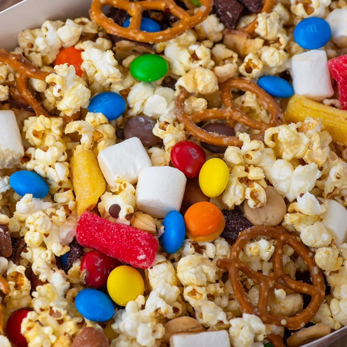 A delightful popcorn box display, brimming with colorful candies and crunchy pretzels for movie time.