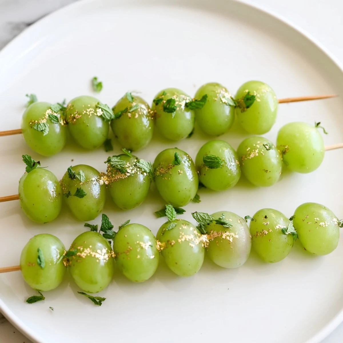 Fresh, juicy Grapes of Luck Countdown Skewers displayed on a platter, perfect for a New Year's treat.