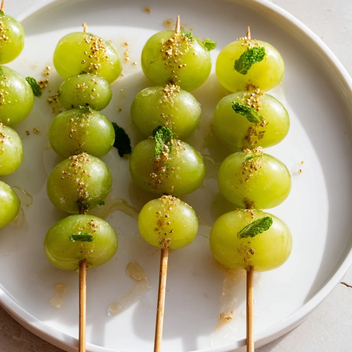 Glistening Grapes of Luck Countdown Skewers, ready to be enjoyed with honey and edible gold sprinkles.