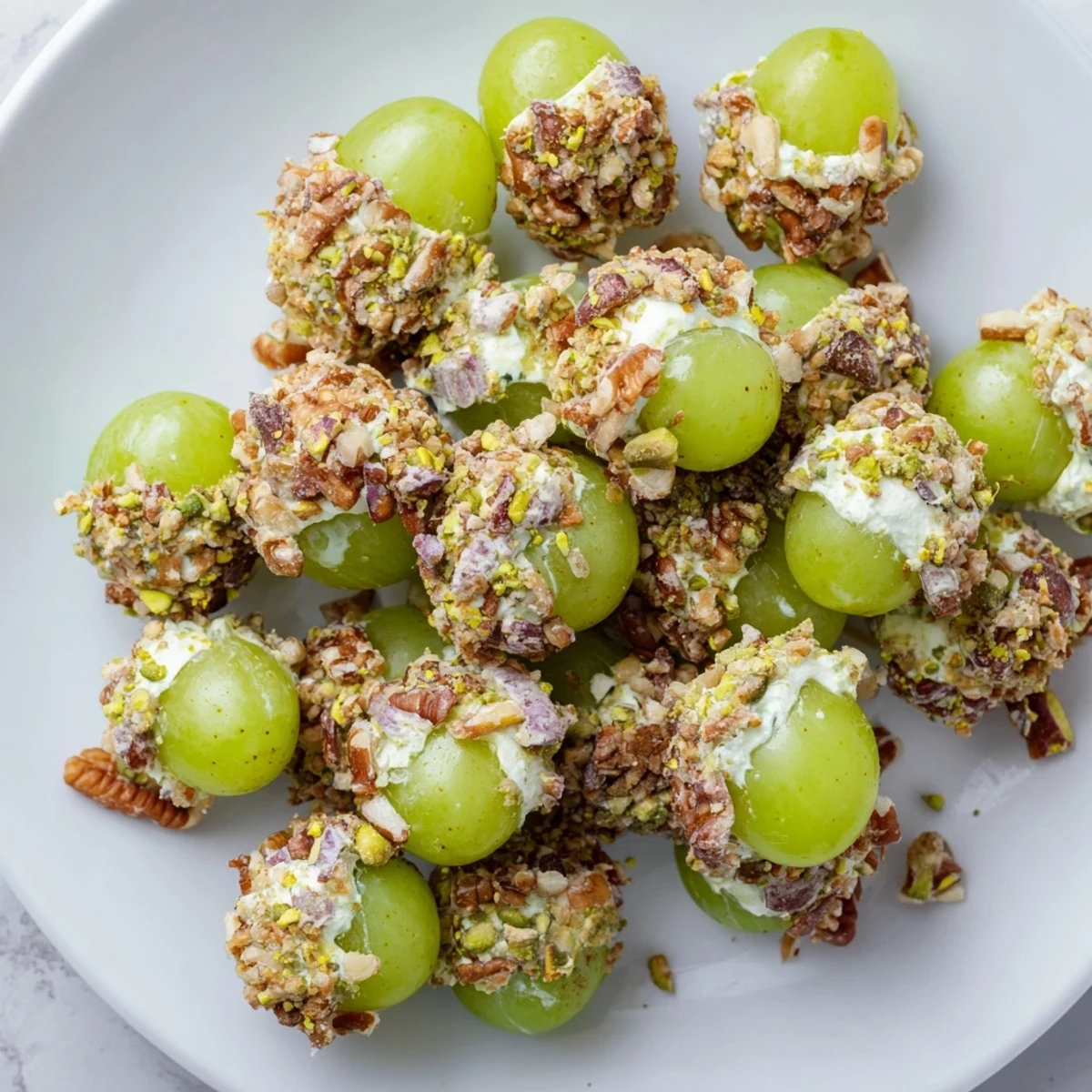 Creamy, golden Sparkling Grape Cluster appetizer, ready to serve with refreshing, crisp grapes and nuts.