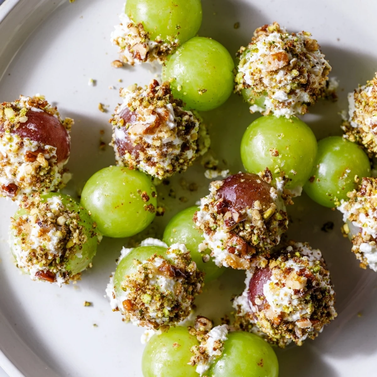 Close-up of a festive Sparkling Grape Cluster, a delicious appetizer with vivid red and green grapes.