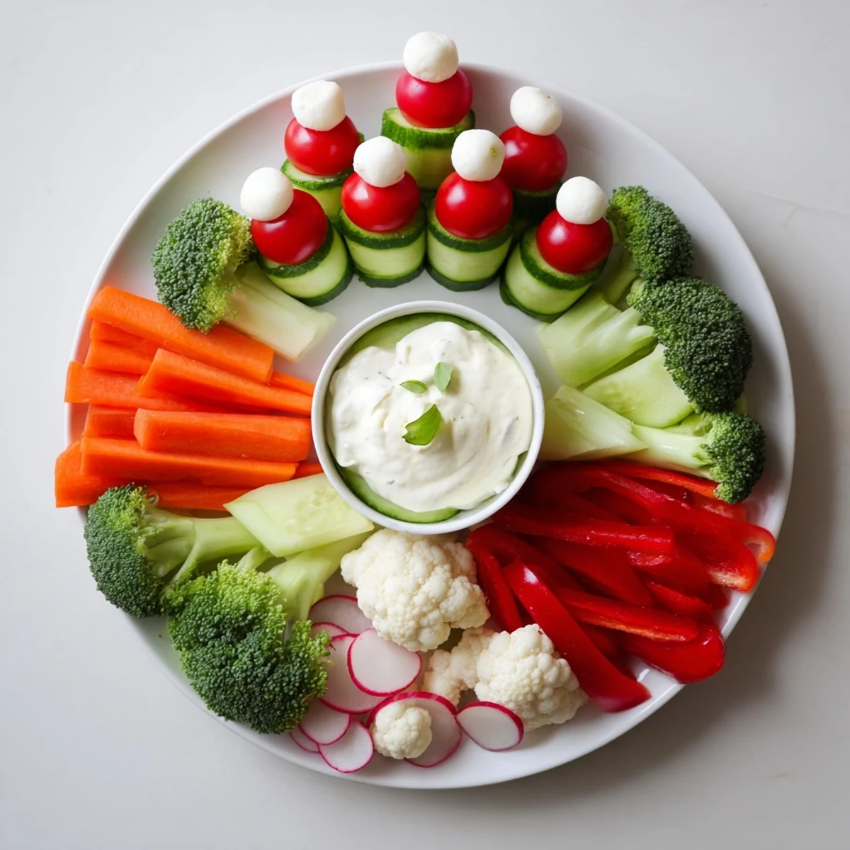 Vibrant Savory Crudités platter showcases festive Santa hats made from fresh veggies and mozzarella.