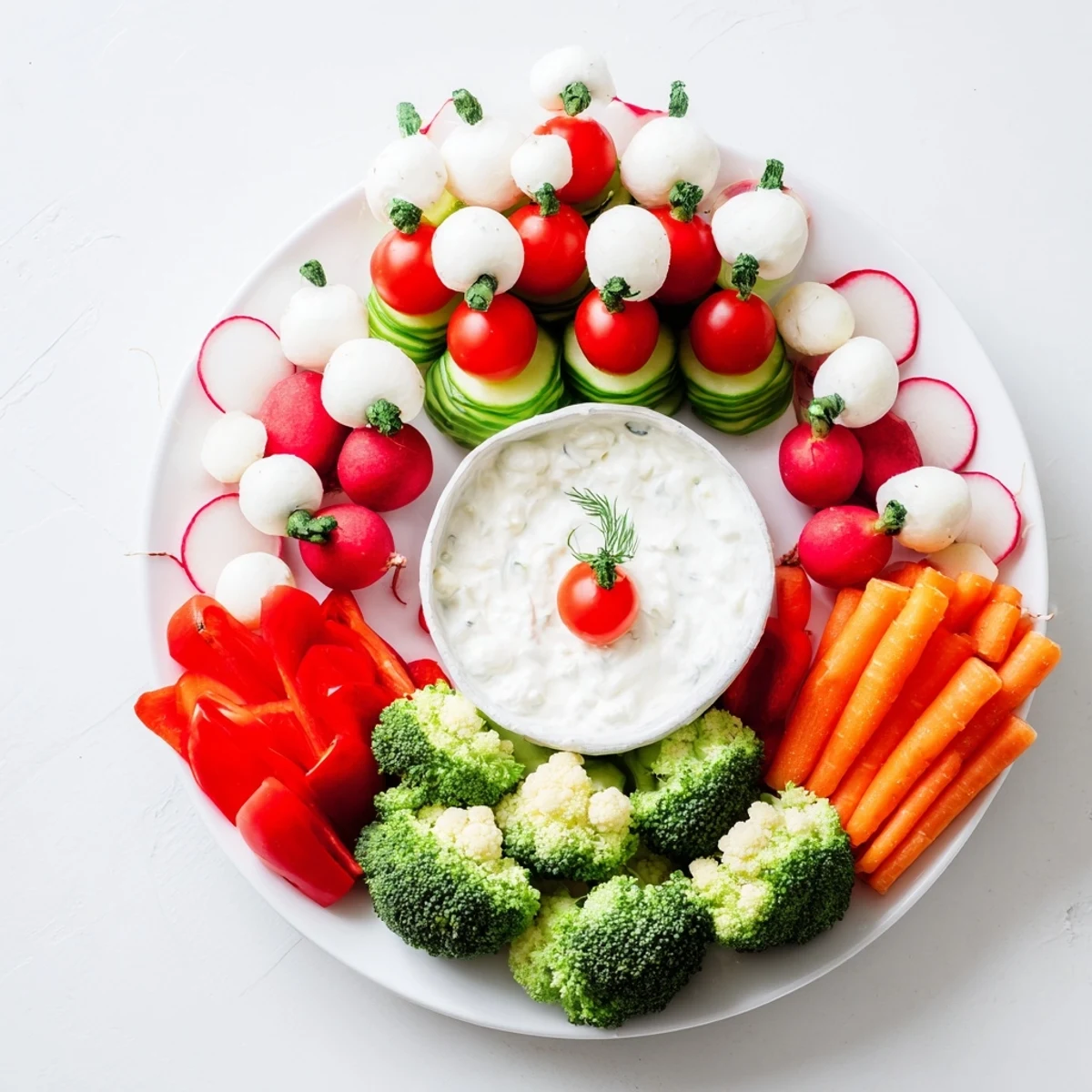 Enjoy a delicious and healthy Savory Crudités platter with veggie Santa hats, perfect for snacking.