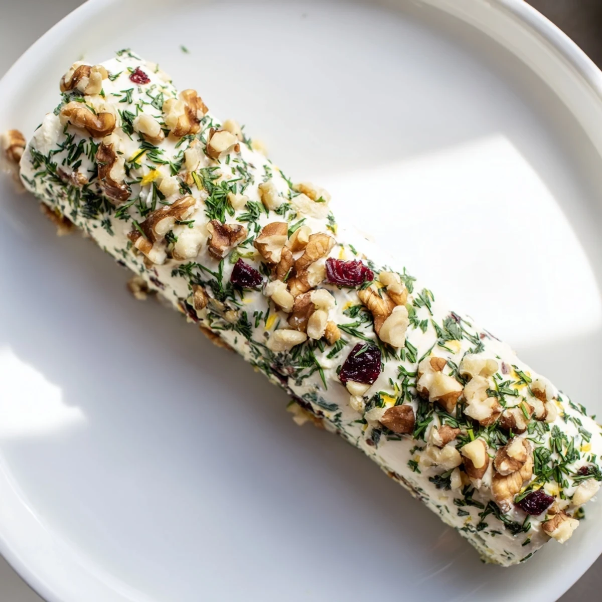 The delicious Winter Snowdrift Goat Cheese Log, coated in herbs, nuts, and cranberries for an easy snack.