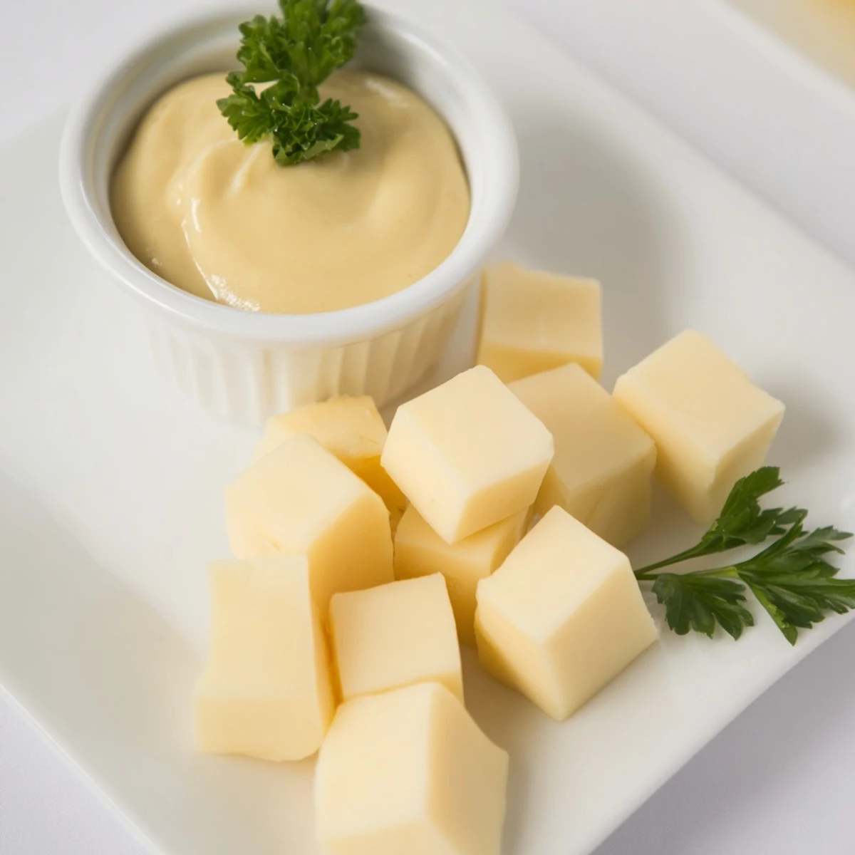 Enjoy this easy appetizer: a beautiful cheese platter, featuring Gouda and a delicious mustard bowl.