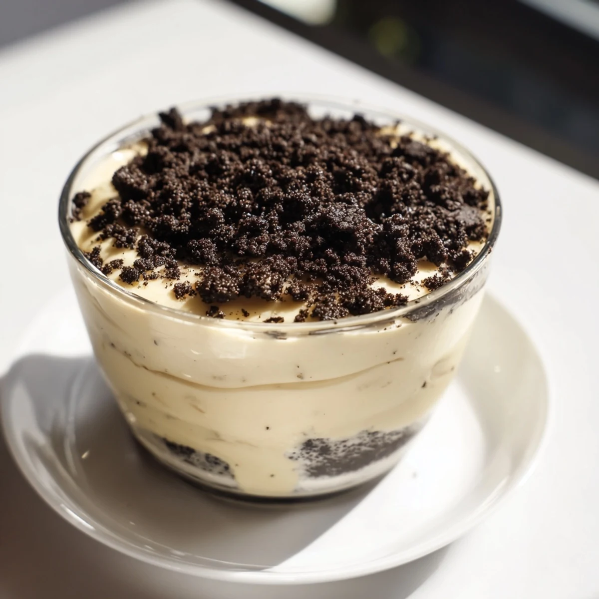 A layered Vanilla Pudding with Crushed Oreos, a homemade dessert filled with creamy goodness.