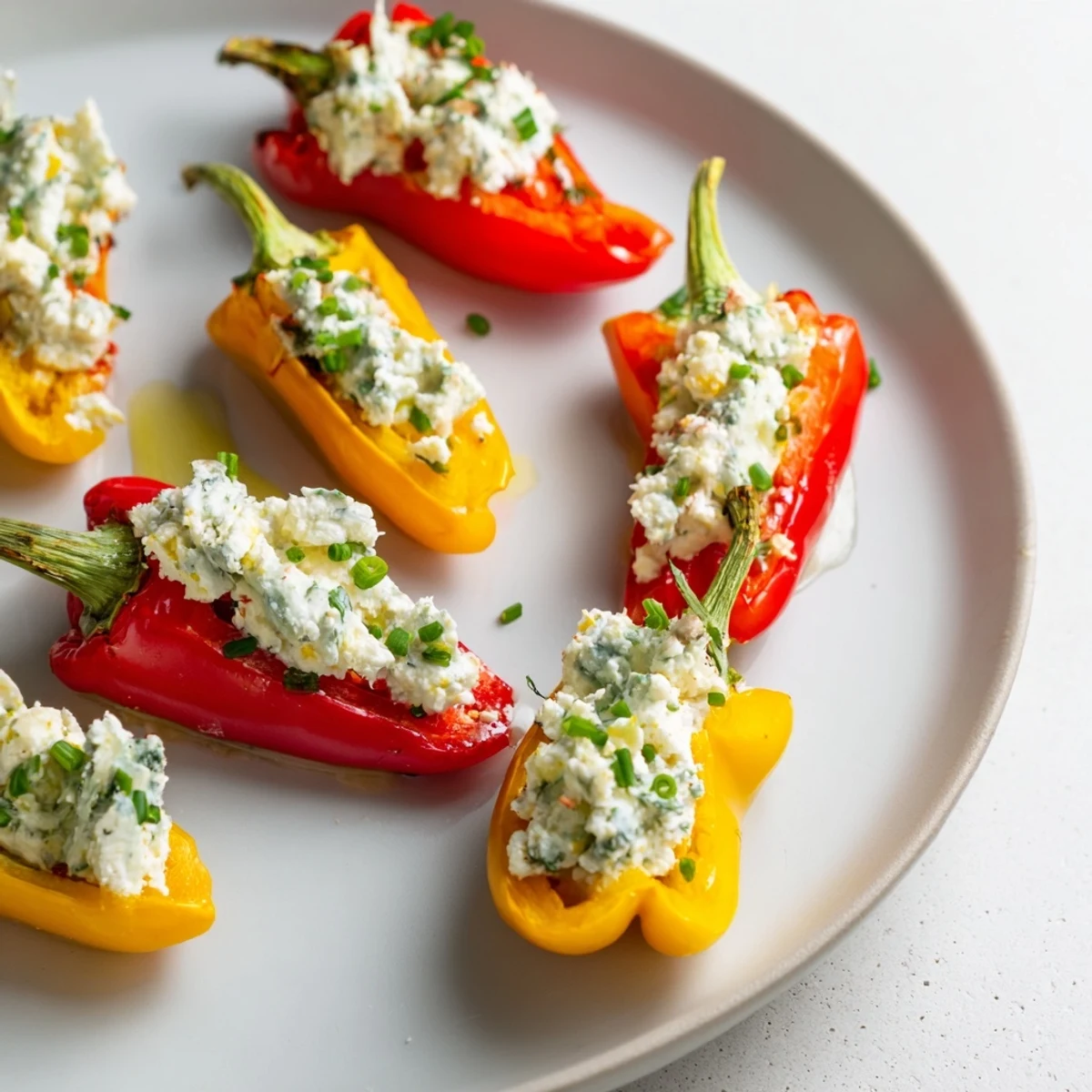 Vibrant mini bell pepper halves overflowing with creamy feta filling, ideal appetizer to eat.