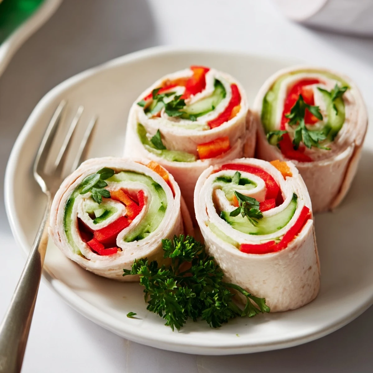 Delicious turkey roll-ups: thinly sliced turkey encircles flavorful cream cheese and crunchy filling.