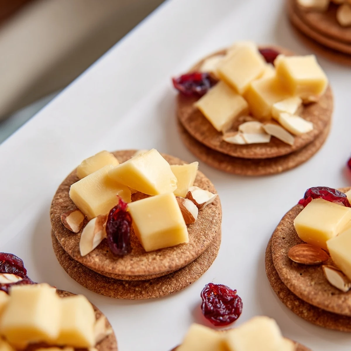 Enjoyable Work From Home Desk Treat: neatly stacked, bite-sized cheesy, cracker snacks, perfect for anyone.