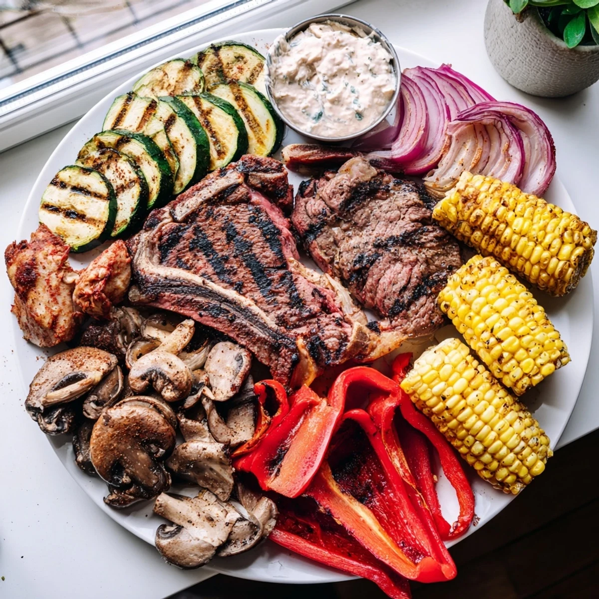 A Backyard BBQ Companion brimming with grilled meats, veggies, and dips for summer sharing.