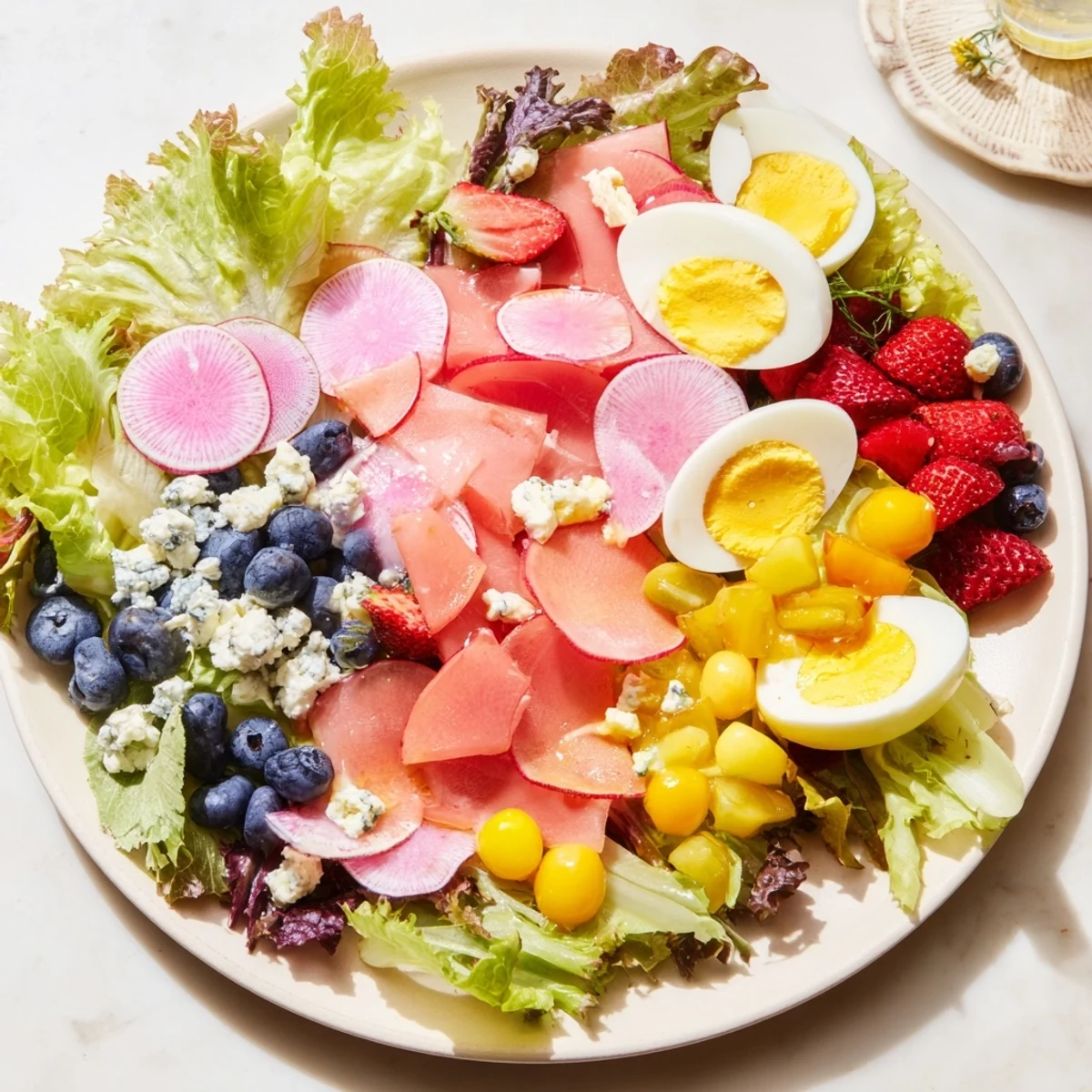 Baby Shower Pastel Palette Salad brimming with colorful fresh fruits and greens, ready to eat!