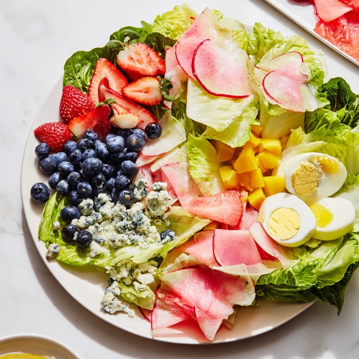 Vibrant Baby Shower Pastel Palette Salad, featuring artistically arranged pink, blue, and yellow ingredients.